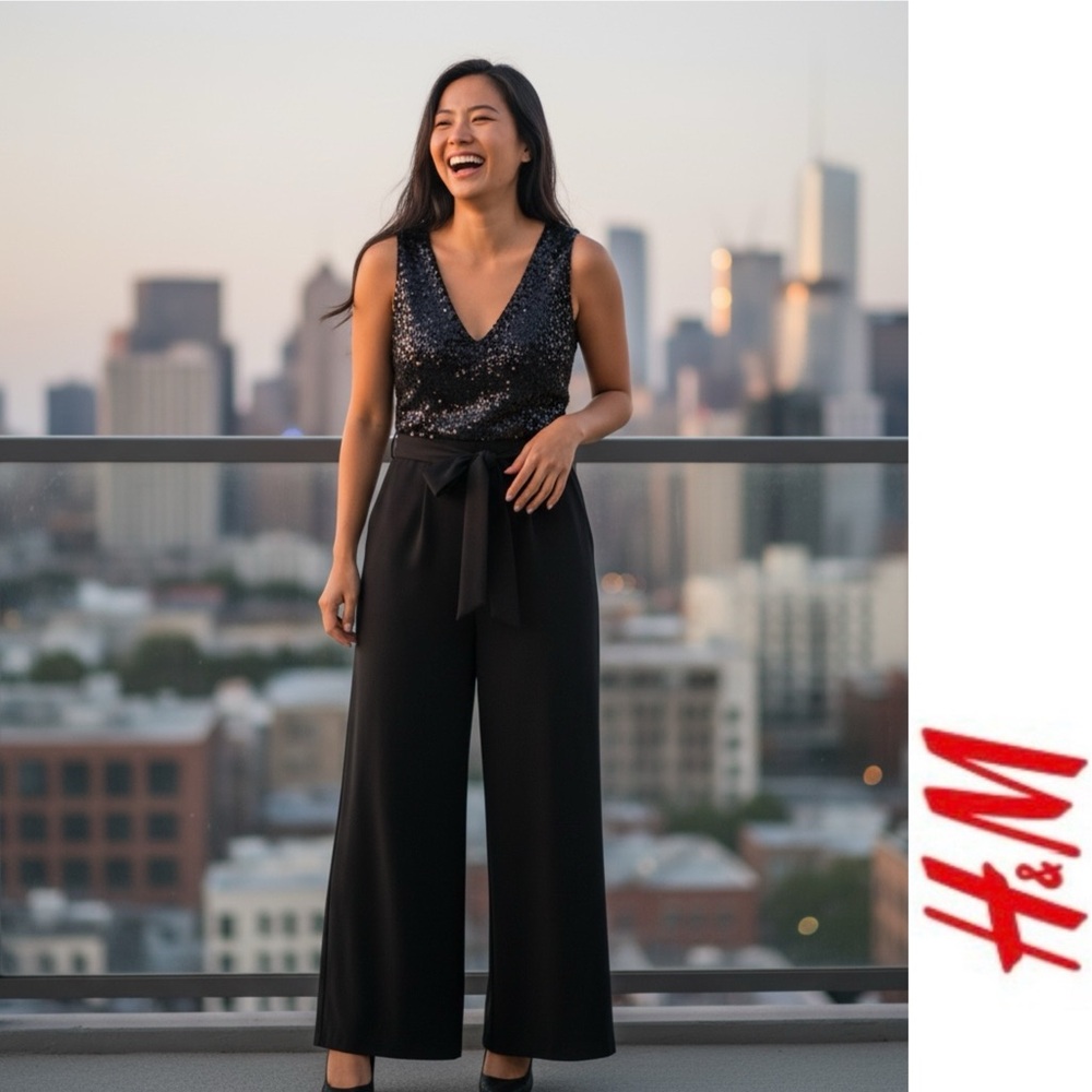H&M Black Sequin V-Neck Jumpsuit, Size 0, MSRP $69